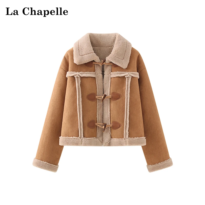 拉夏贝尔翻领皮毛一体牛角扣外套女复古仿羊羔毛上衣新款高级时尚