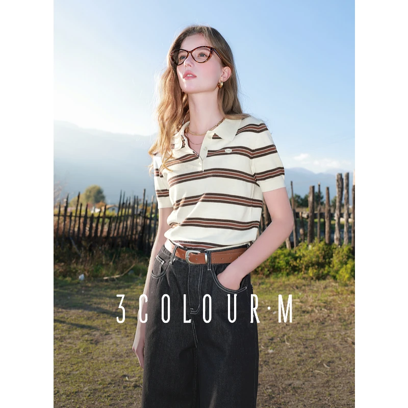 三彩2025春季新款条纹Polo领针织衫显瘦修身正肩短袖套头上衣女M