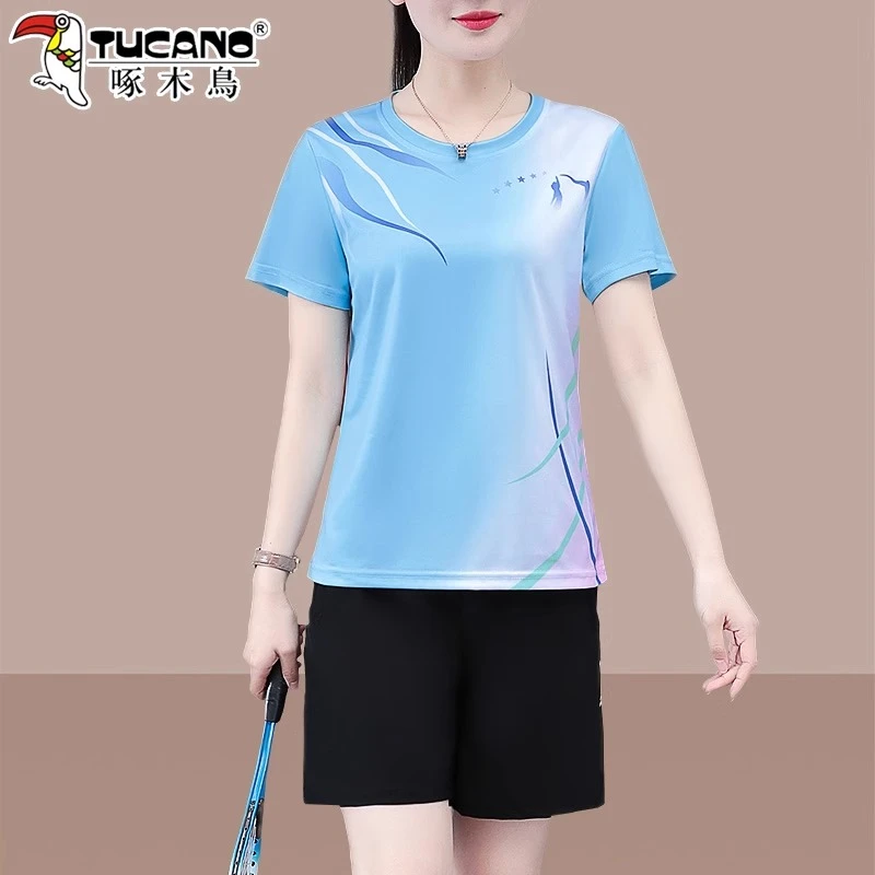 啄木鸟网球运动套装女夏季速干服2025新款女装时尚短袖短裤两件套