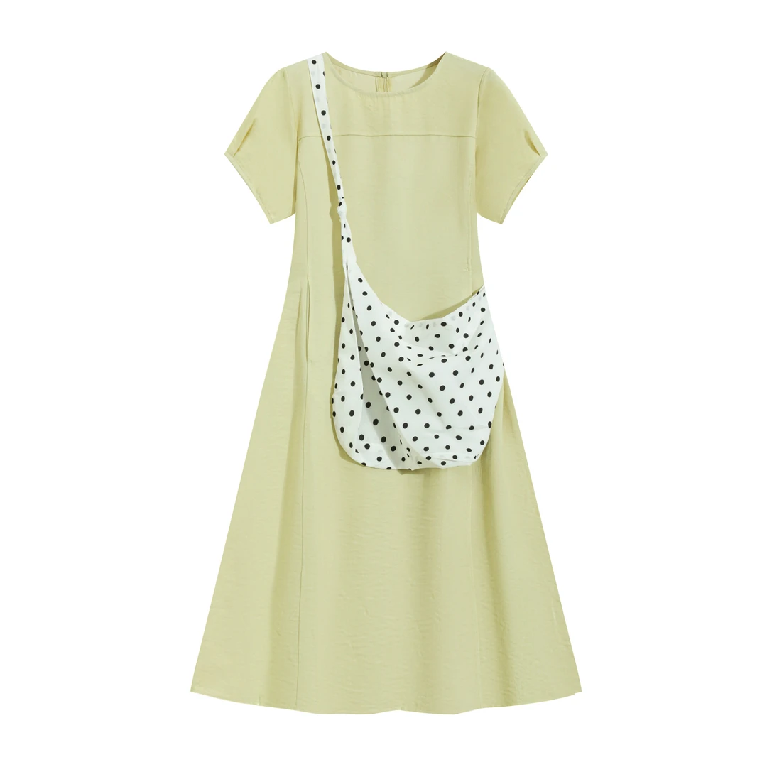 EC原创2025新款设计感时尚显瘦圆领短袖连衣裙女中长款仙女裙A935