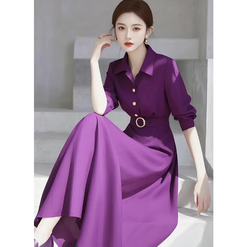 出席重要场合的穿搭紫色衬衫连衣裙2025新款女春知识分子绝美裙子