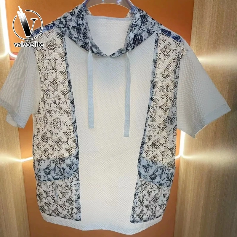 VALVOELITE潮牌时尚连帽短袖t恤男士夏季休闲拼接撞色印花上衣服