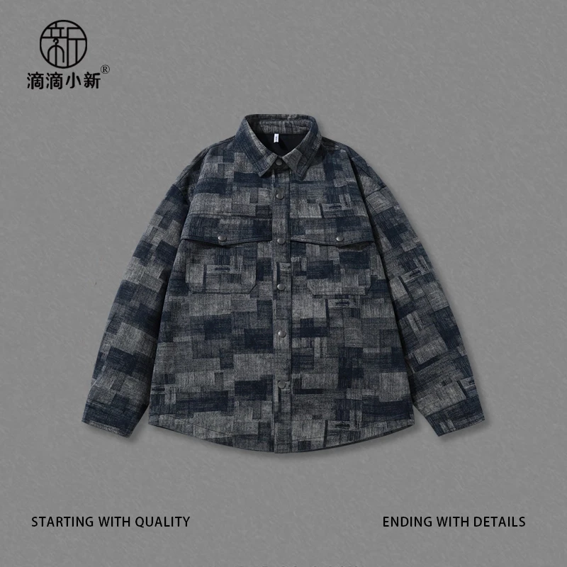 滴滴小新-秋季拔印格纹牛仔外套翻领复古休闲衬衣迷彩夹克TG3039