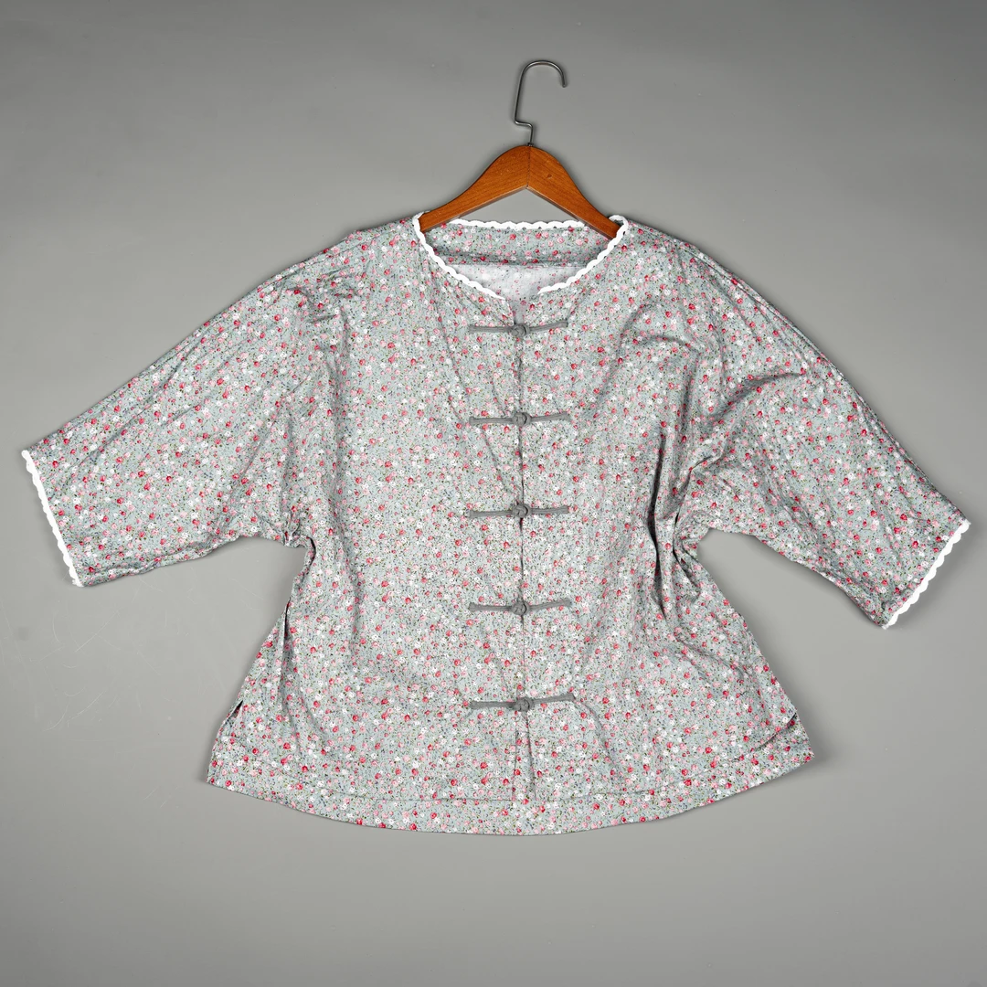 小碎花国风轻薄长袖满印花色印花复古时尚纯棉盘扣对襟短外套