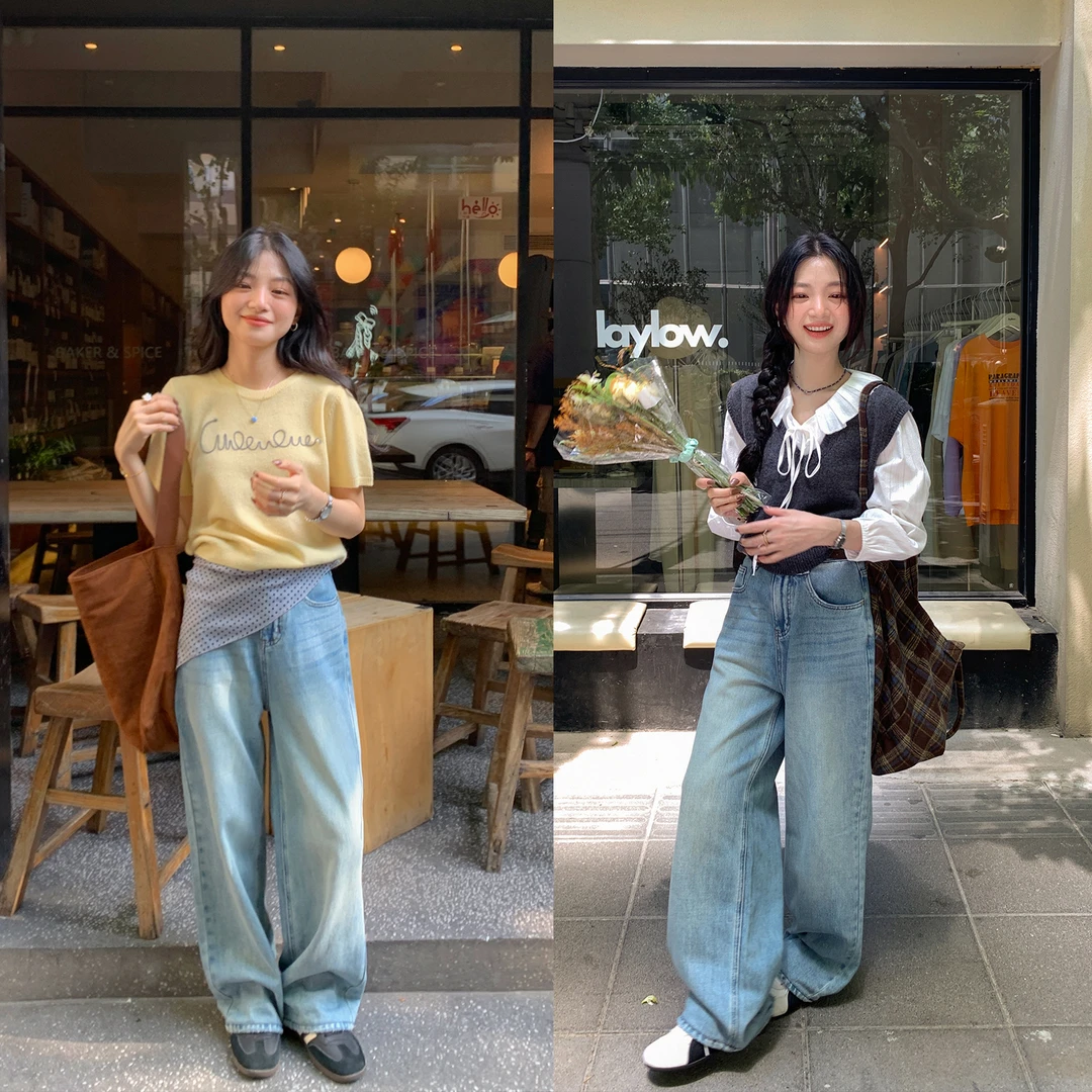 【西西里安】 实力单品~小个子秋冬复古蓝磨白直筒牛仔裤