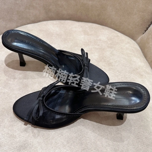 【楠楠的鞋】温柔法式 ZA网纱蝴蝶结高跟外出拖鞋5.5公分
