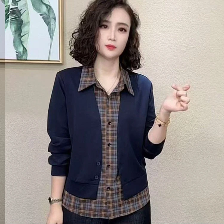 秋季时尚显瘦假两件拼接格子长袖设计感上衣春秋气质洋气短款休闲