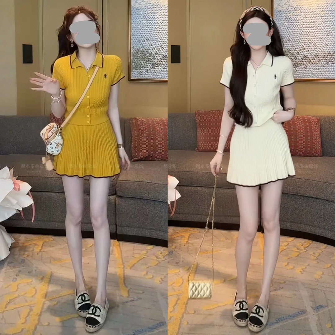 多巴胺服装女2025夏季新款时尚洋气POLO领针织短袖上衣半身裙套装