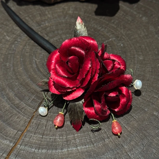 双头玫瑰 发簪 非遗绒花手工发簪日常百搭款发饰头饰