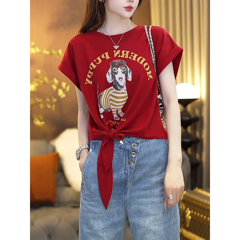不规则修身短款辣妹红色T恤女夏季2025新款洋气百搭美式高腰上衣