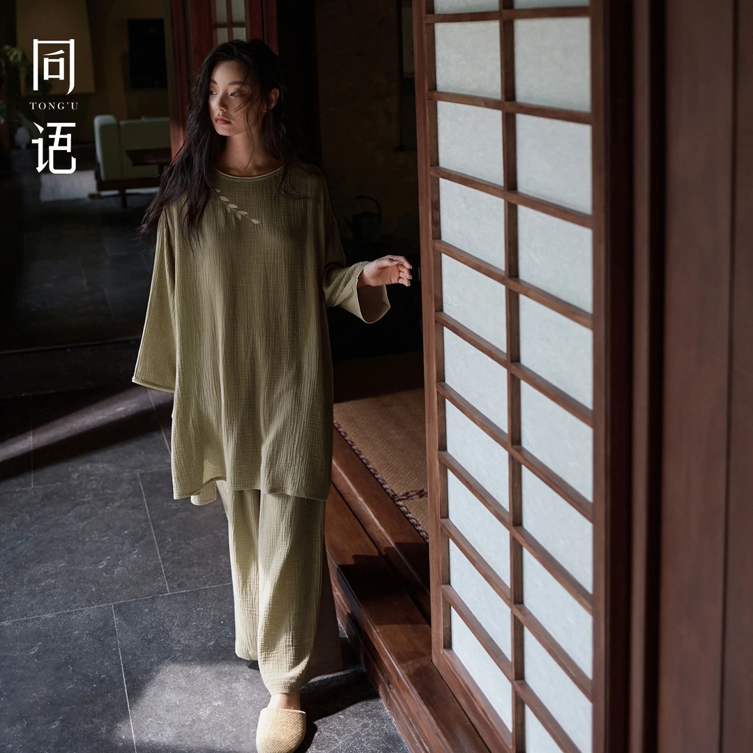 同语梭织纯棉睡衣女款2025春秋季家居服100全棉睡衣长袖套装秋冬