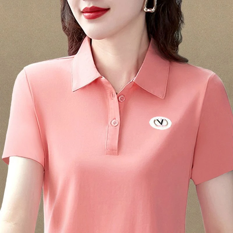 A30粉色妈妈翻领短袖t恤女夏季新款polo中年人运动休闲上衣大码