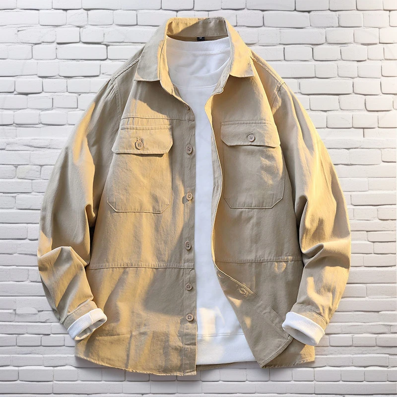 春秋款工装男衬衣褂子潮流衬衫阔版长袖衬衣纯棉翻领外套男装