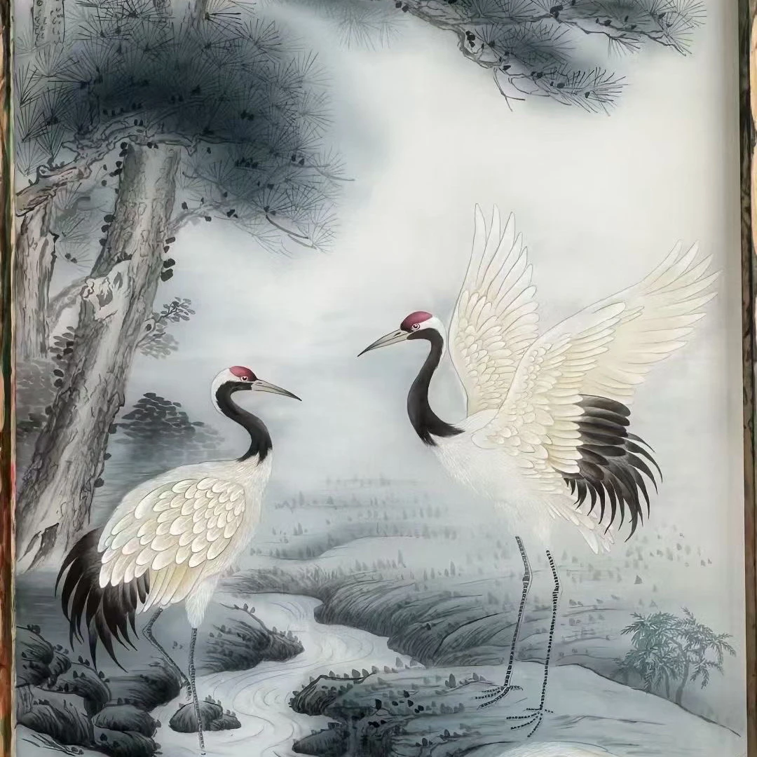 精品 绢本 工笔 松鹤延年 手绘国画