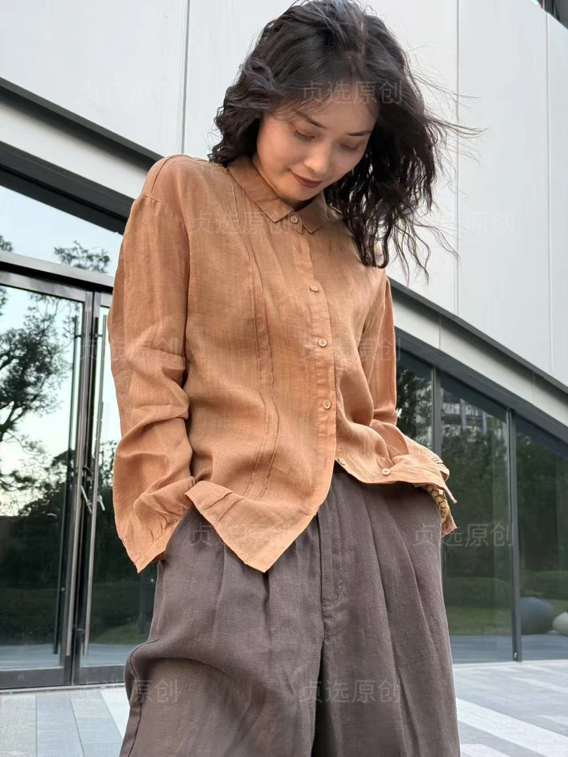 30162-春季翻领苎麻衬衫新款宽松休闲百搭时尚短款上衣