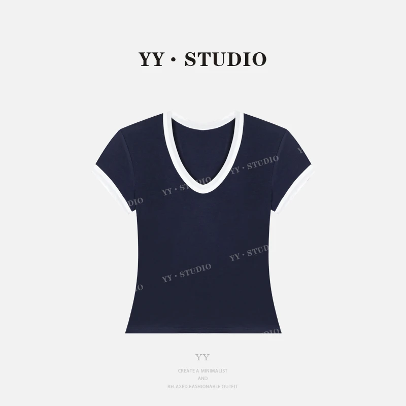 【YANYAN】夏季百搭拼色V领短袖T恤YY-2948