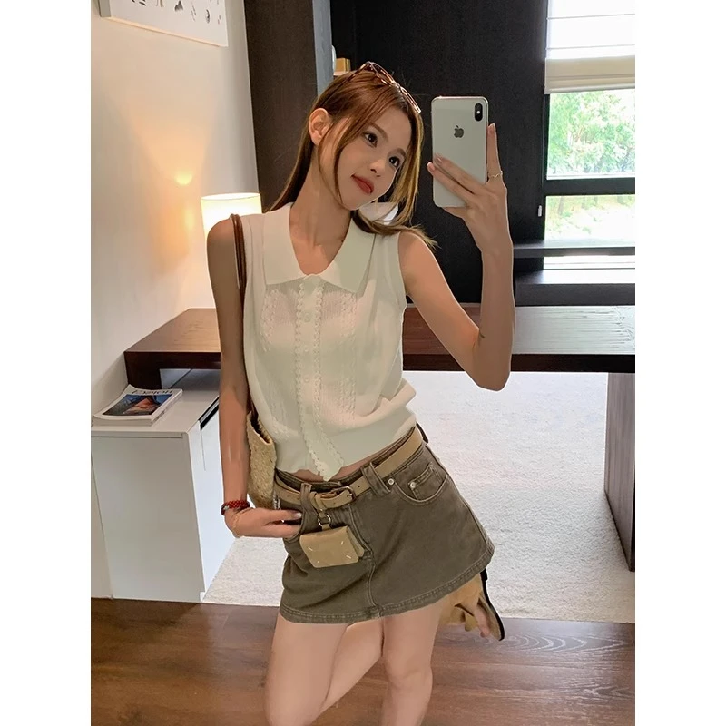 小香风polo领针织背心女夏季2025新款修身显瘦工字吊带短款小上衣