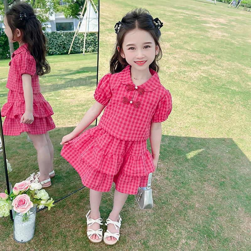 女童夏季套装2025儿童中国风盘扣上衣格子蛋糕裙洋气时尚两件套棉