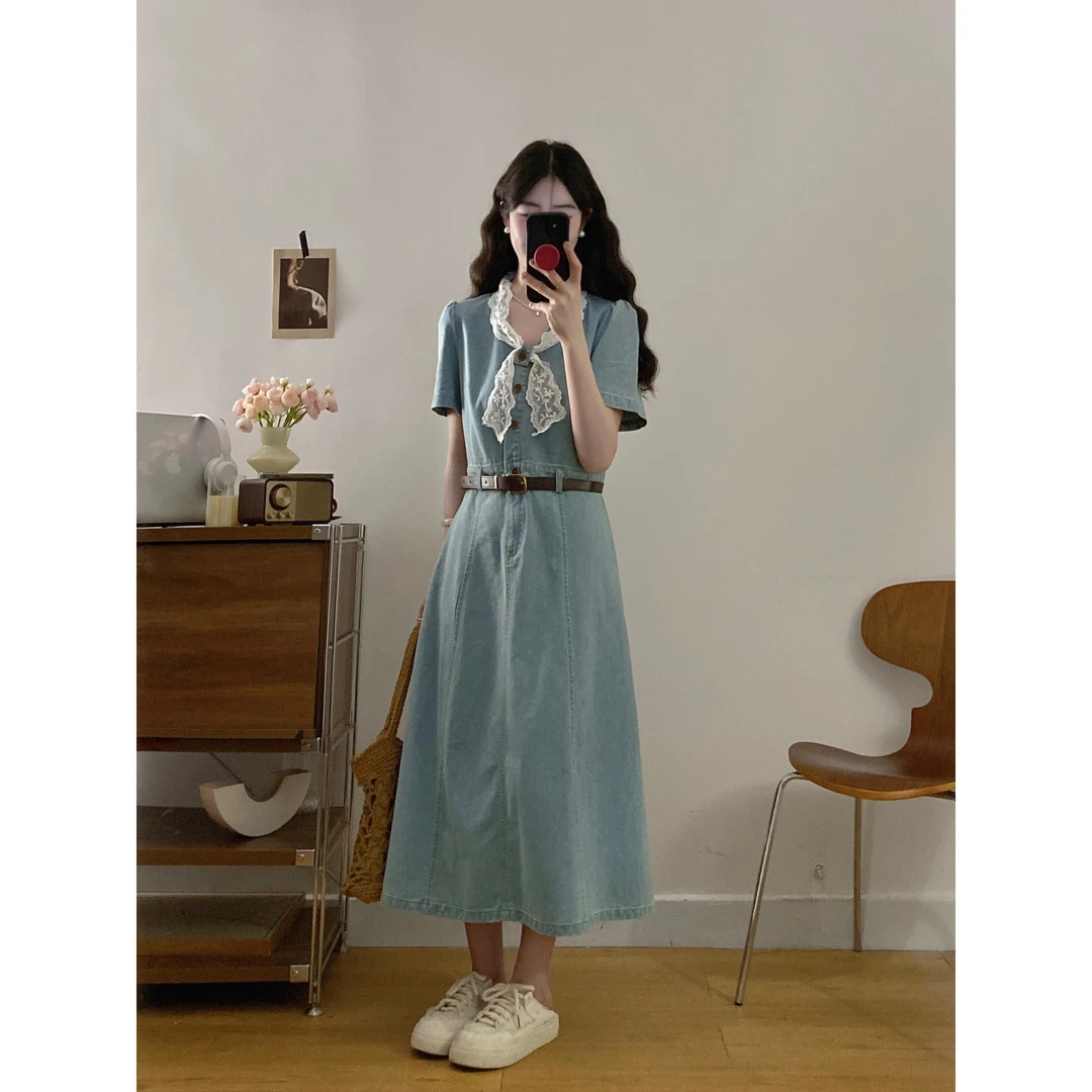 大码女装胖mm夏季新款蕾丝短袖遮肉收腰显瘦中长牛仔连衣裙子