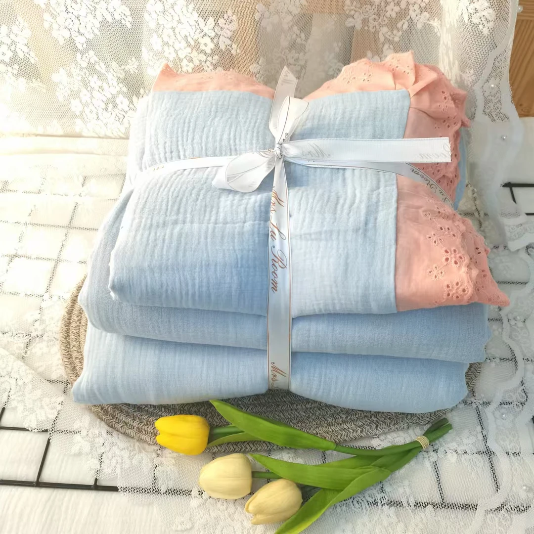 （纯色加大四件套）高端全棉A类棉花糖皱皱纱草木染双层纱四件套