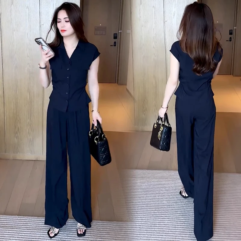 时尚套装女2025夏季新款洋气显瘦短袖上衣阔腿裤气质减龄两件套潮