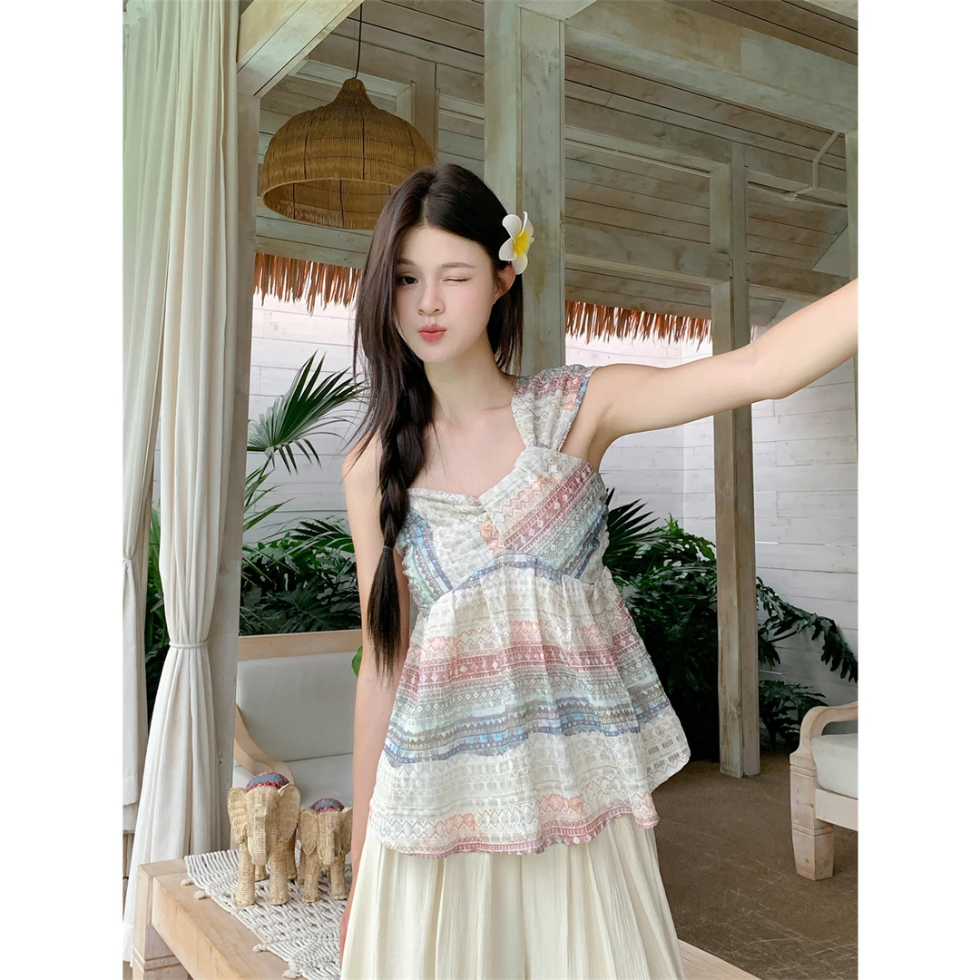 6839#爱豆+森女部落蕾丝吊带度假风波西米亚风新款女装上衣甜美森