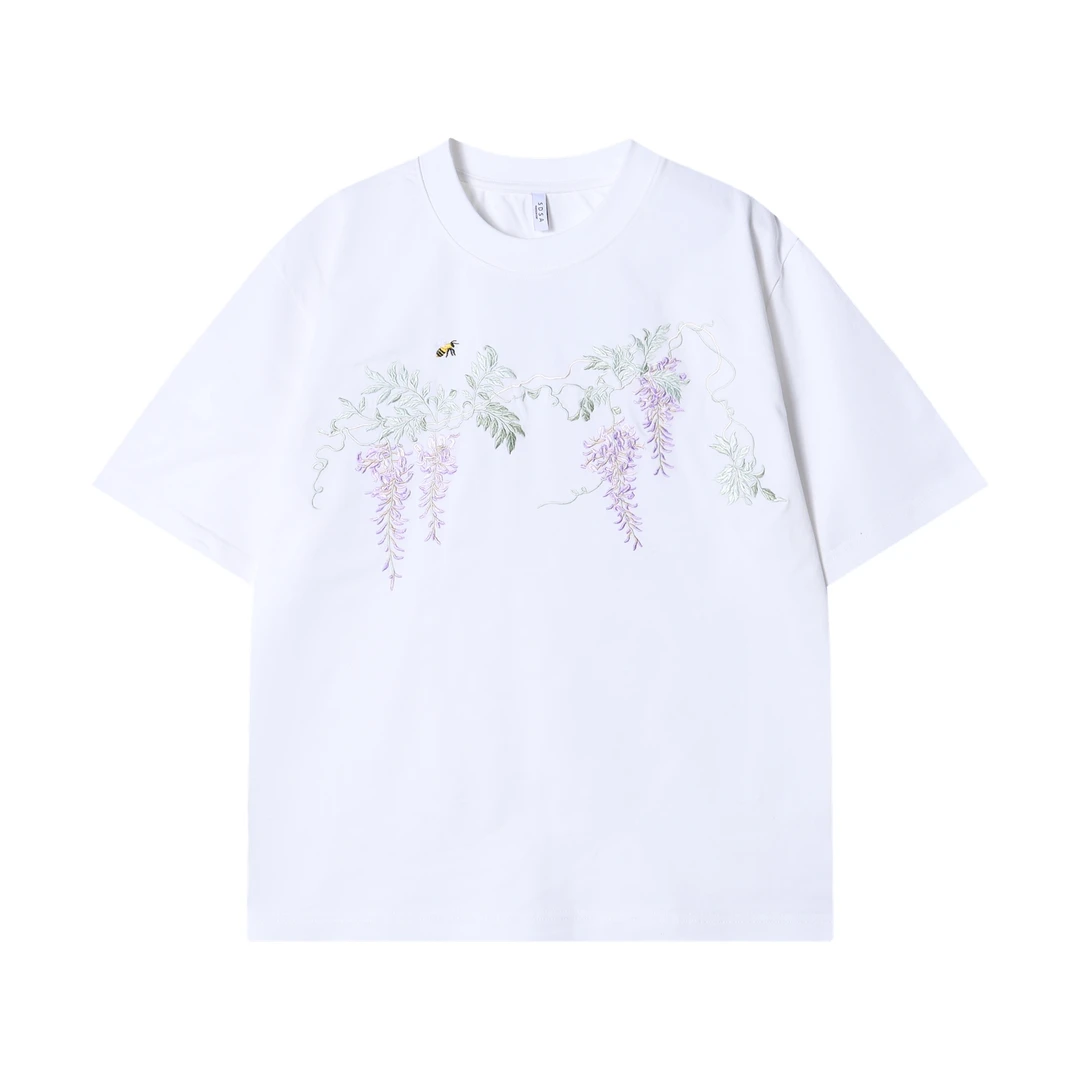 春夏新款时尚个性扎染撞色刺绣叶子圆领短袖T恤百搭情侣套头上衣