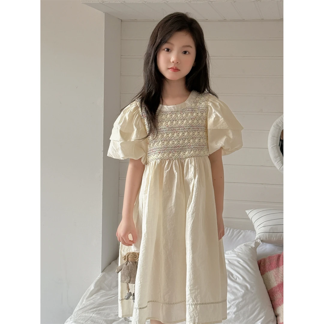 乐小悠女童连衣裙2025夏季新款韩版儿童泡泡袖连衣裙拼色公主裙潮