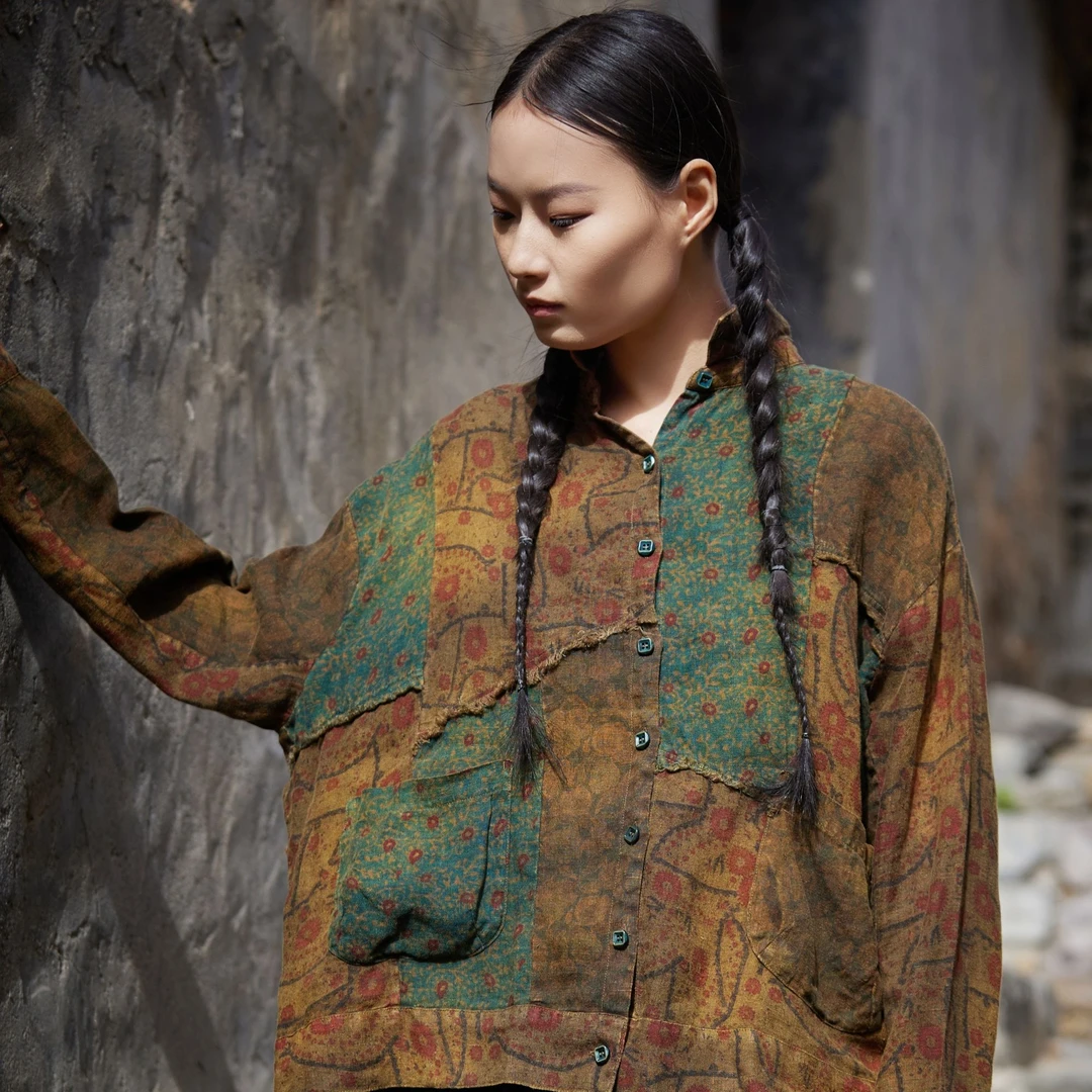 麻依者2024夏款休闲复古工装风长袖拼花开衫宽松印花上衣1249