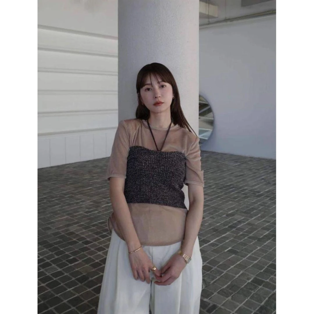 【胖虎家】夏季新款 松本 纱网时尚小众高级感纯色上衣短袖T恤