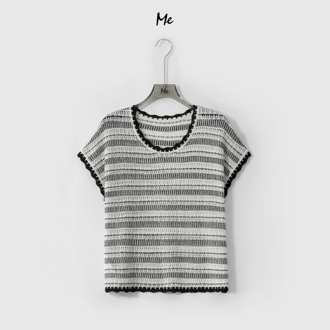 ME【小香条纹镂空坎肩】天丝亚麻混纺冰麻透气百搭针织衫MESS5617