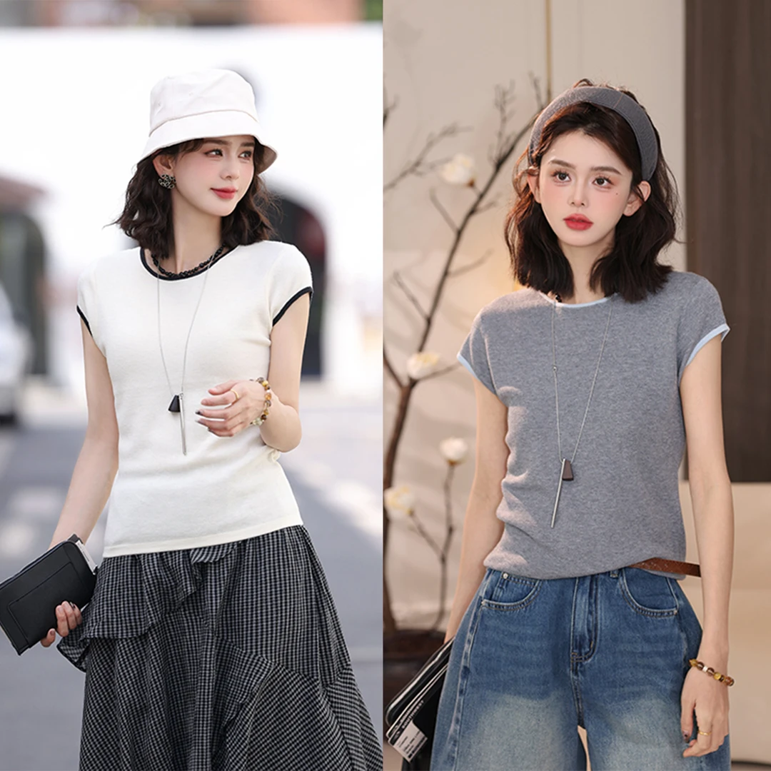 陈佳洁【薄雾】短袖T恤女夏季百搭休闲慵懒系修身针织上衣JC1988474