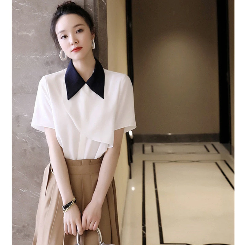 新款小尖领气质通勤宽松设计感套头纯色短袖薄款宽松衫0100