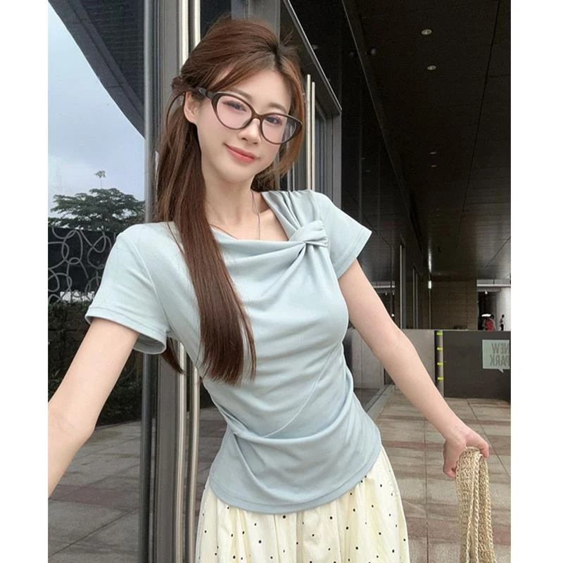 设计感扭结蓝色短袖T恤女夏季新款不规则褶皱别致收腰小正肩上衣