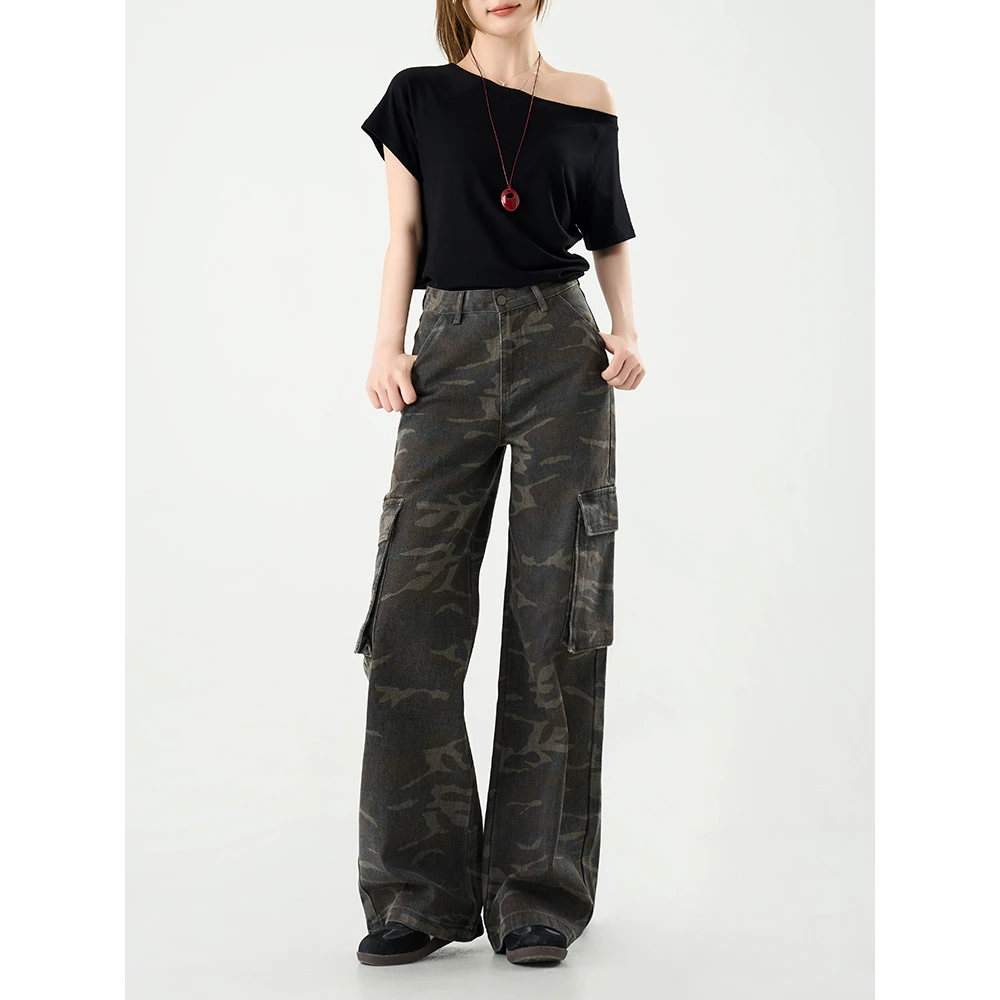 王家有鱼迷彩色牛仔裤女秋季新款显瘦工装阔腿裤复古高街651005