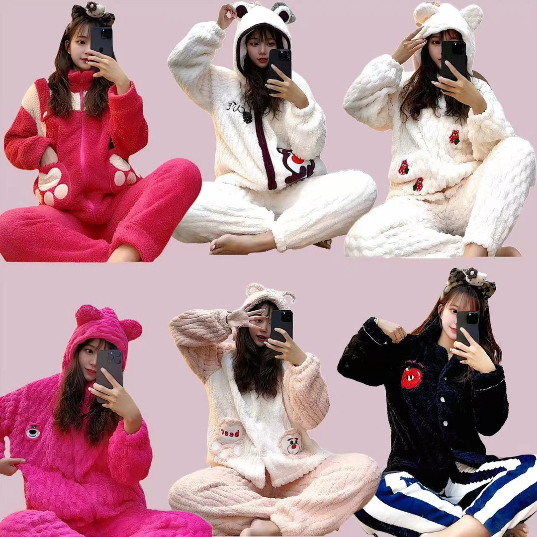 2025年睡衣女冬季韩版简约卡通大码甜美新款宽松保暖家居服可外穿