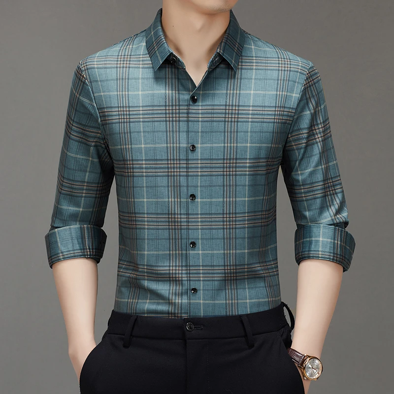 春秋季男士无痕长袖衬衫商务休闲时尚百搭中年格子长袖衬衣薄款