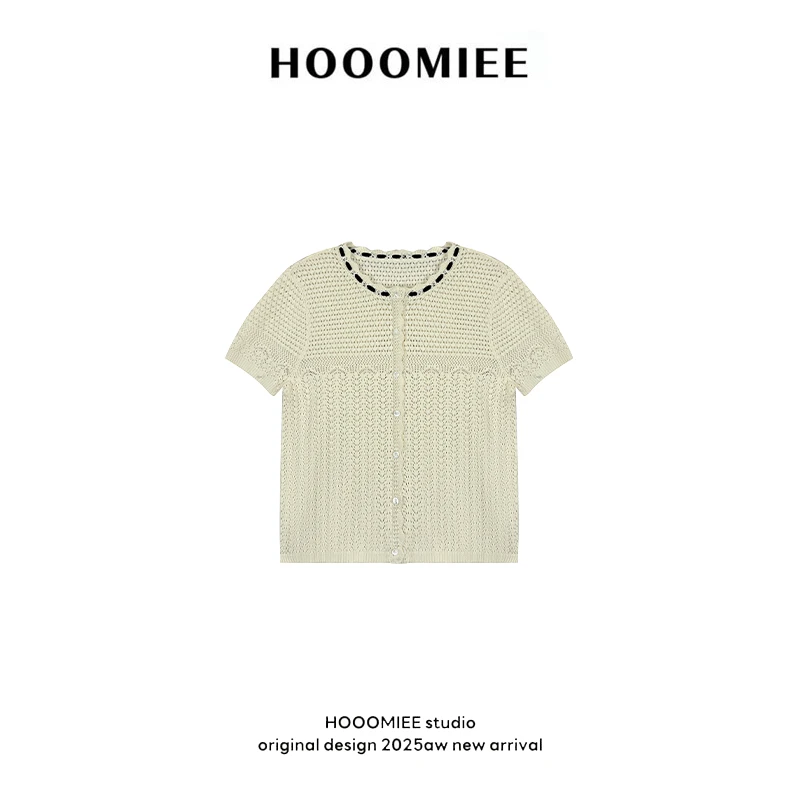 Hooomiee知性女士镂空透气针织开衫花边领夏季浅色短袖250179