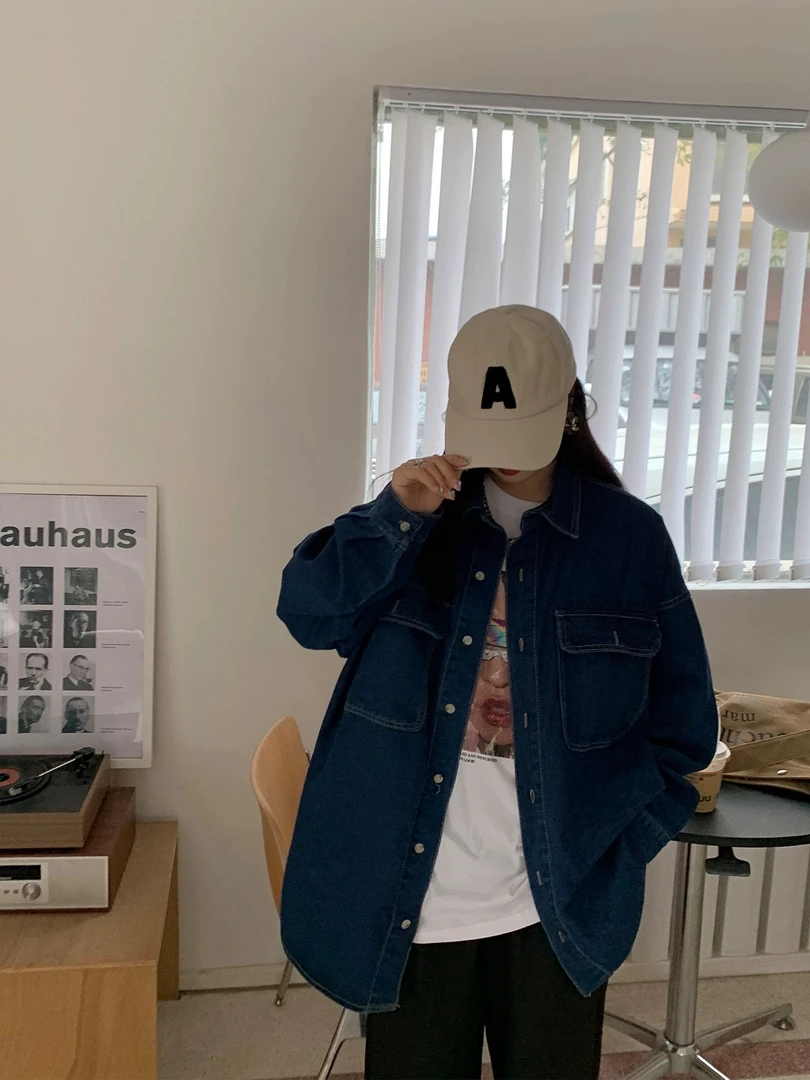 口袋牛仔衬衫女春秋款韩版宽松慵懒风春季长袖衬衣外套