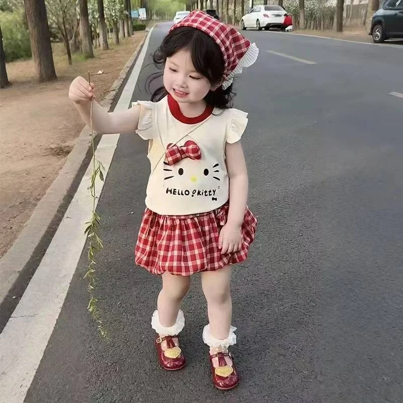 韩版网红夏季时尚儿童女童洋气套装kt猫两件套套装