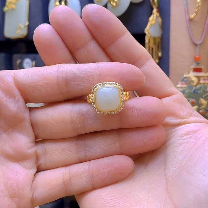 银S925镀金镶嵌戒指和田玉