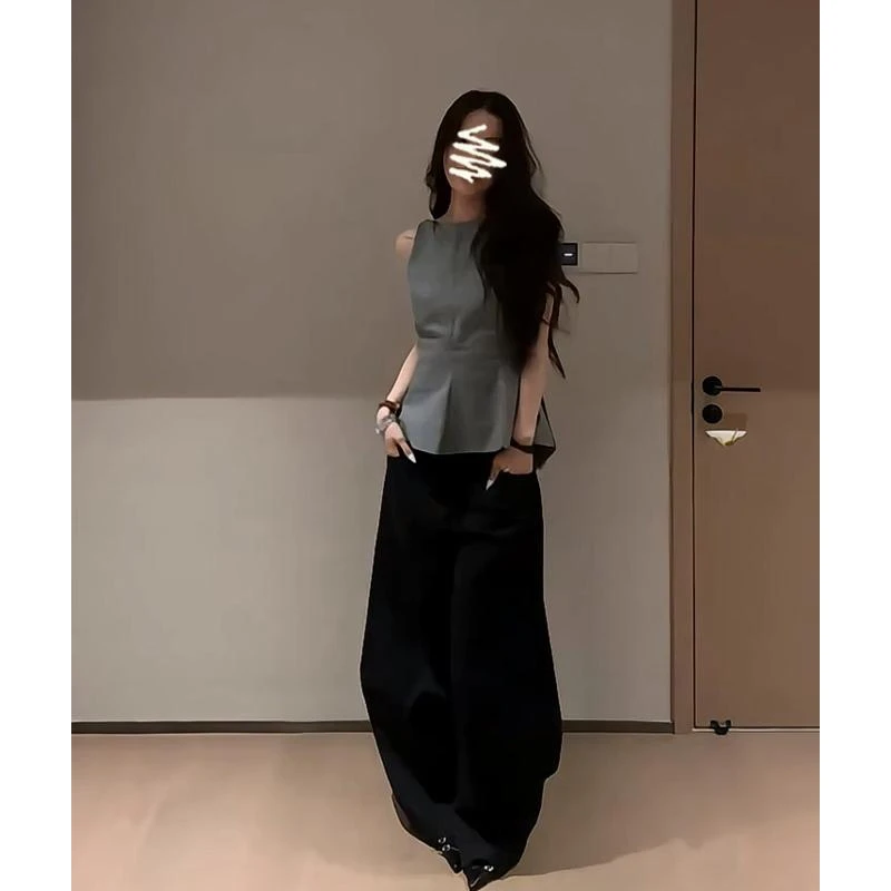 2025夏季新款女法式高级感露背系带无袖上衣气质高腰宽松阔腿长裤