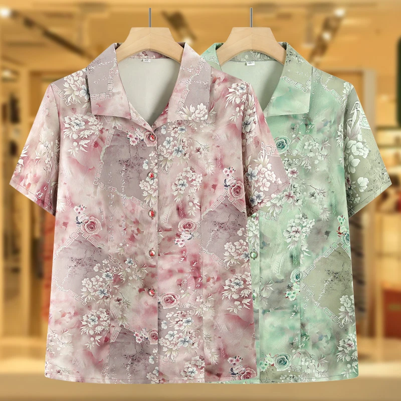 夏季短袖衬衣老太太衣服奶奶装薄款夏装妈妈翻领衬衣中老年人女装