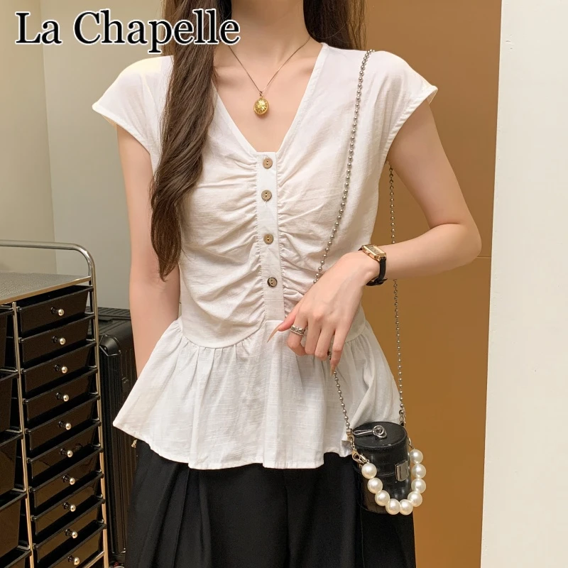 拉夏贝尔夏季新款V领时尚短袖衬衫女百搭设计感修身显瘦褶皱上衣
