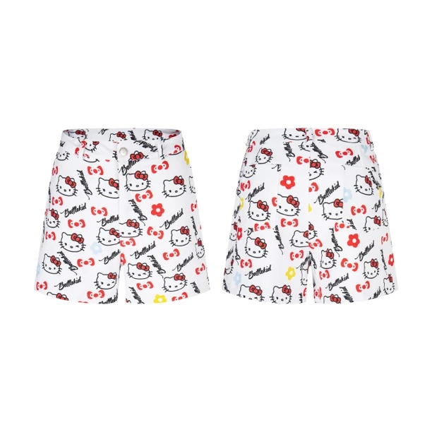 UPPUR美式慵懒风复古卡通可爱猫咪印花白色宽松百搭显瘦牛仔短裤