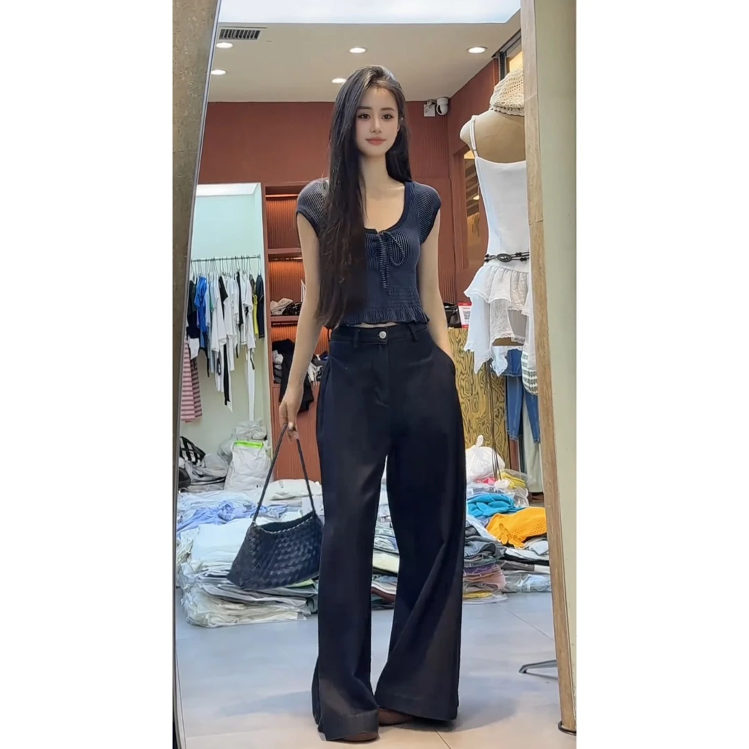 parkyeon高级感时髦小飞袖针织显瘦上衣搭配阔腿休闲裤时尚套装