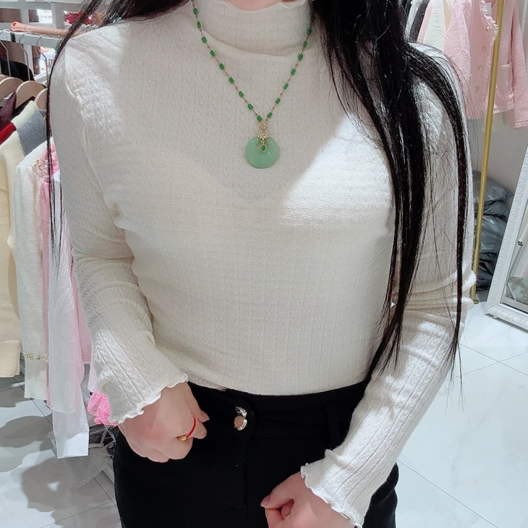 网红半高领T恤女几何图案秋冬简约风长袖洋气