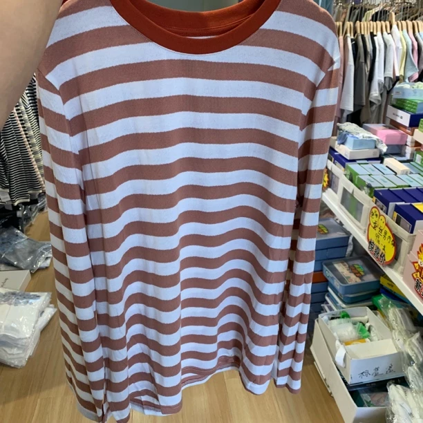 3080【长袖打底】时尚休闲女士条纹圆领均码百搭宽松拼接打底衫