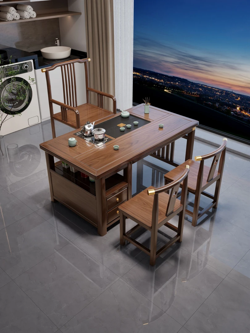 阳台泡茶桌椅组合一桌五椅储物抽屉实木办公室茶几小户型家用茶台