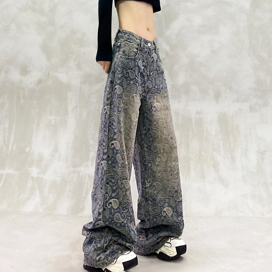 提花设计水洗休闲牛仔裤女秋新款高腰宽松显瘦百搭直筒阔腿拖地裤